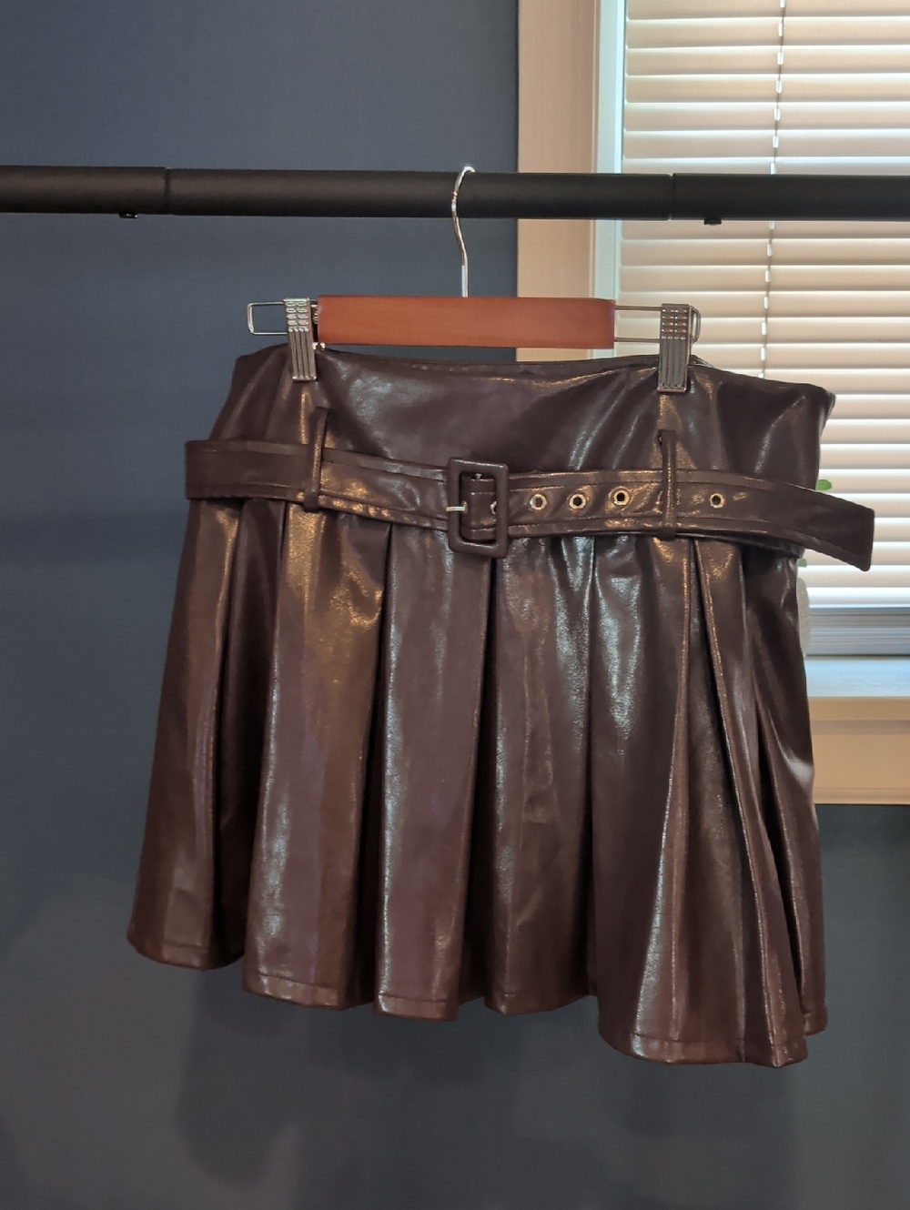 Sincerly Jules Shiny Chocolate Brown Pleated Faux Leather Skirt with Belt